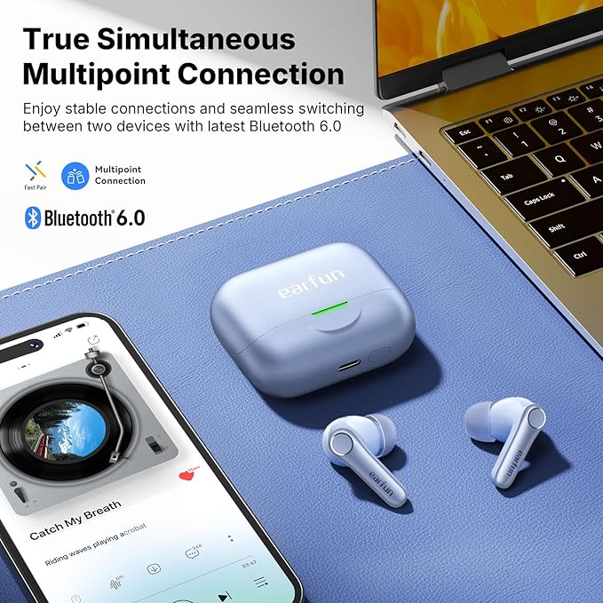 EarFun Air Pro 4+ Adaptive Noise Cancelling Wireless Earbuds, Qualcomm aptX Lossless, Dual Drivers, Translation Earbuds, Snapdragon Sound, 6 Mics AI Clear Call, Hi-Res Sound, Bluetooth 6.0, 54H, Blue