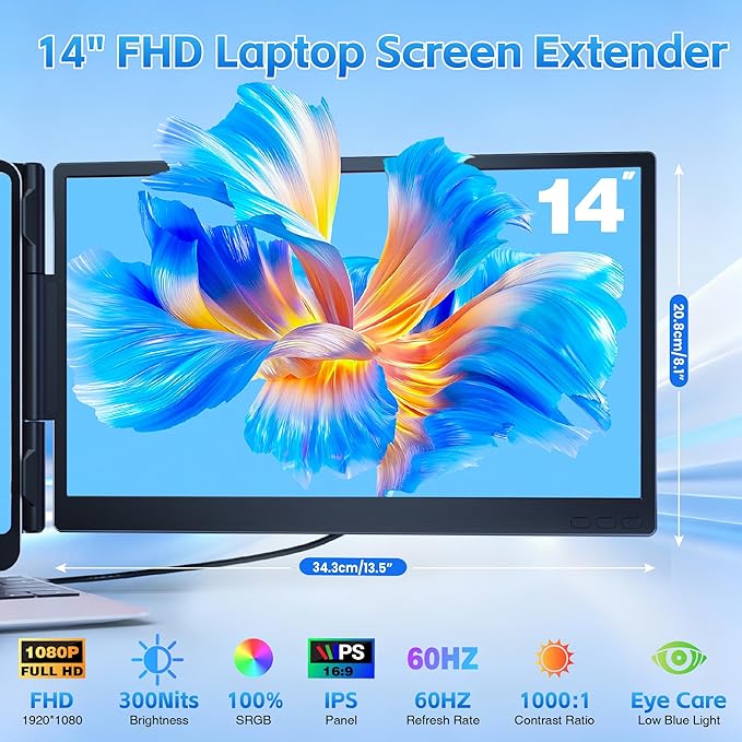 Laptop Screen Extender, Ultra-lightweight 14" FHD 1080P IPS Dual Screen, Laptop Monitor Extender with USB-C/HDMI Port, Plug and Play Portable Monitor for 13-17" Laptops (Wins/Mac/Android//Switch/PS5)