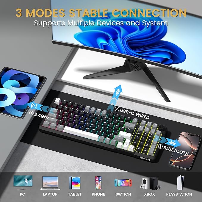 Redragon K742 Wireless Mechanical Gaming Keyboard with Knob, Bluetooth 5.0/2.4GHz/USB C Wired Creamy Keyboard with Number Pad for PC Computer, RGB Backlits, Hot-Swappable with Linear Switches (Black)