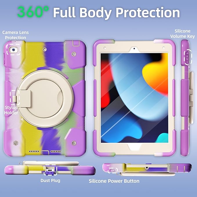 Andnary Case for iPad 9th/8th/7th Generation 10.2 inch, Shockproof Cover with Screen Protector/360° Rotating Handle/Bracket/Pen Holder/Shoulder Strap, Kid Case for iPad 2021/2020/2019(Colorful Purple)
