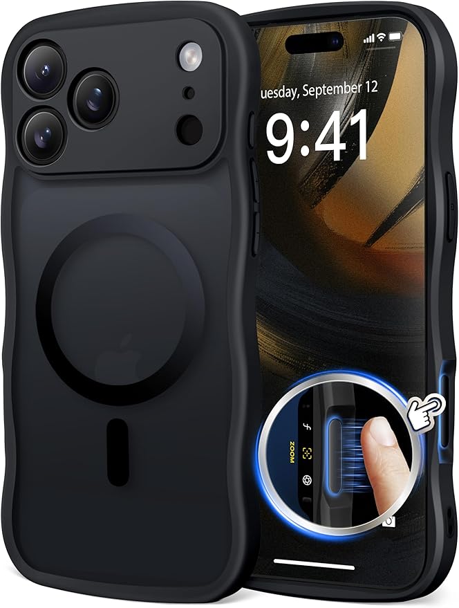CAPRARO Magnetic for iPhone 17 Pro Case for Women Girls, Upgraded [Full Camera Protection] [Compatible with MagSafe] Cute Wave Translucent Matte Phone Case for iPhone 17 Pro, Black