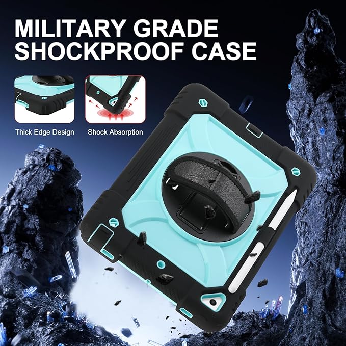 for iPad 6th Generation/iPad 5th Gen/iPad Air 2/iPad Pro 9.7" Case with Cute Key Chain, Rugged Protective Case with Rotating Stand & Shoulder Hand Strap for iPad 6th/5th/ Air 2 (Black+Aqua)