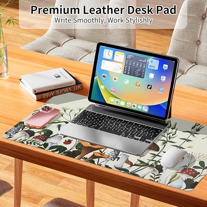 Bloss Mushroom Desks Pad, Clearance Overstock Limited Stock Discontinued Size 31.5" x 15.7" Large Leather Mouse Pad for Desktop, Desk Mat for Keyboard and Mouse,Waterproof Computer Laptop Desk Mat