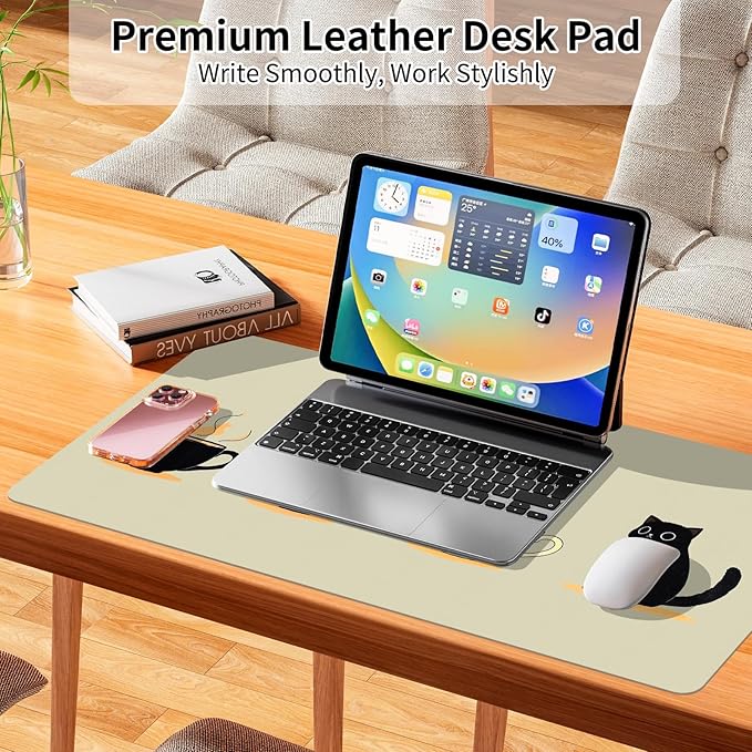 Bloss Leather Mouse Pad,Beige Anime Large Desk Pad, Cute Kawaii Cartoon Cat Desk Mats for Keyboard and Mouse,Clearance Overstock Limited Stock Discontinued Size 31.5" x 15.7"