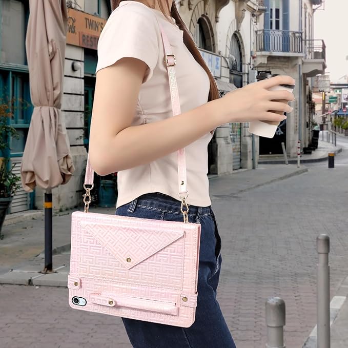 Shiny Case for iPad mini 7 2024/Mini 6th Gen Handbag Case, Techcircle Iridescent PU Leather Folio Envelope Pocket Stand Cover with Hand Strap+Shoulder Strap+Pencil Holder+Card Slots, Shiny Pale Pink
