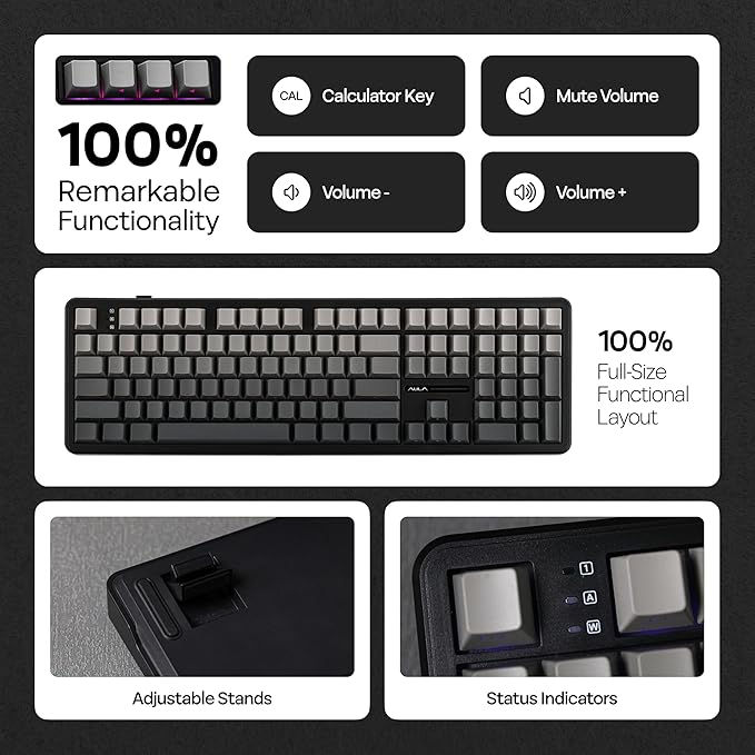 MechLands Aula F108 100% Wireless Gaming Keyboard, Full Size Custom Gasket Mechanical Keyboard, 4000mAh Battery, Programmable 108 Keys, Hot-Swappable, for Win/Mac (Black Gradient)
