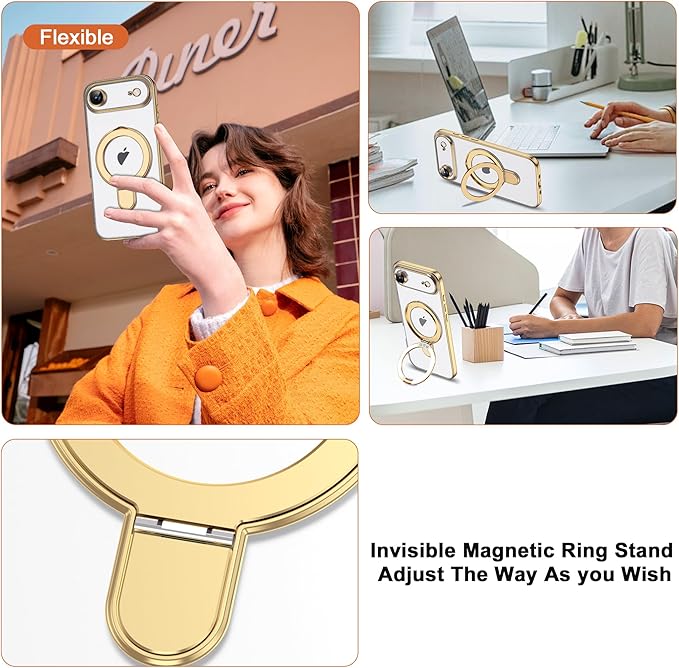 Compatible with iPhone 17 Air Case with Invisible Magnetic Ring Stand [Compatible with Mag-Safe] [Full Camera Lens Protector] Plating Clear Phone Case for iPhone 17 Air 6.5", Gold