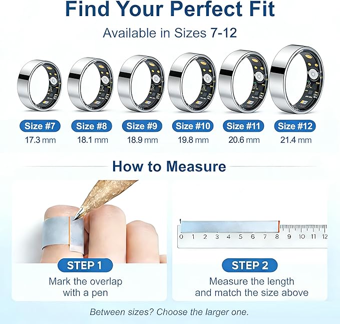 Smart Ring Health & Fitness Tracker for Men & Women, Heart Rate, SPO₂, Sleep & Activity Monitoring, IP68 Waterproof, Long Battery Life, Family Care Mode, No Subscription Fee (Silver, 10)