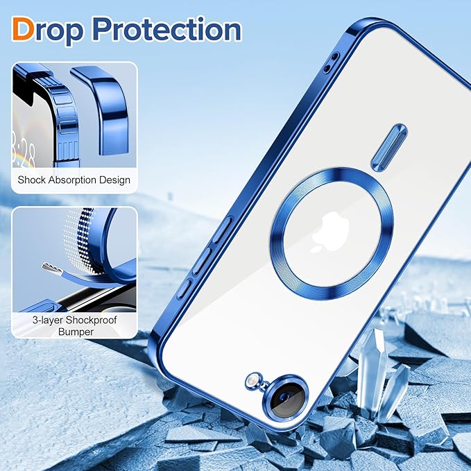 Hython Magnetic Clear for iPhone 16e Case with Camera Lens Protector [Compatible with MagSafe] Luxury Plating Edge Slim Soft TPU Cover Protective Phone Case for iPhone 16e 6.1", Deep Blue