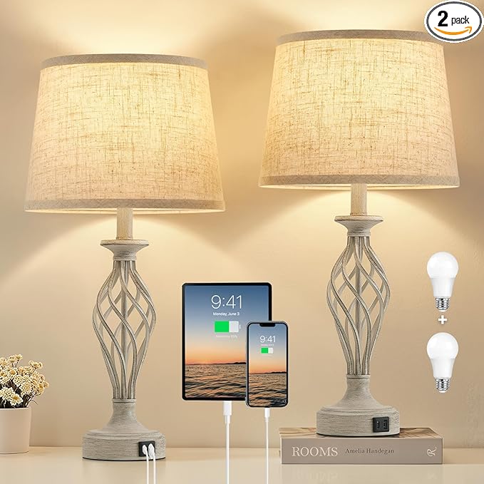 EJIAXIN Table Lamp for Bedroom Set of 2 - Light Grey Bedside Lamps with USB C+A Ports,Rustic Distressed Farmhouse Bedroom Lamp - Lamp for Living Room Reading Bed Side End Table Bulbs Included