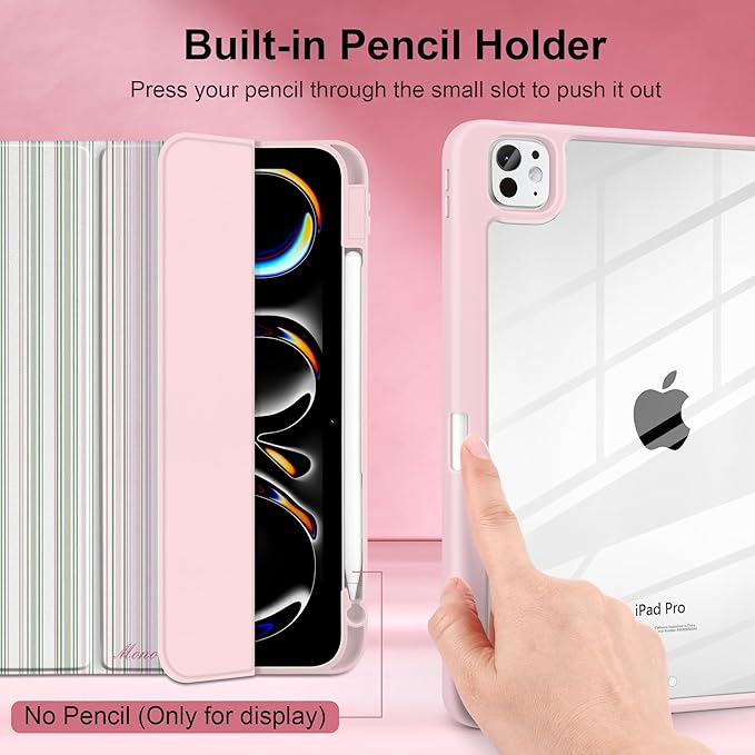 TWOLSKOO Case for iPad Pro 11-inch (M5 2025 / M4 2024), Clear Acrylic Back with TPU Bumper, Pencil Holder, Trifold Stand, Auto Sleep/Wake, Pastel Stripes