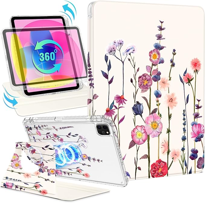 Shorogyt for iPad Air 13 Inch (M4) 2026/ M3 2025 & M2 2024 /for i Pad Pro 12.9 inch (3/4/5/6th Gen) for Magnetic Stand for Women - Cute 360 Rotating Covers Girls with Pencil Holder, Color Flower
