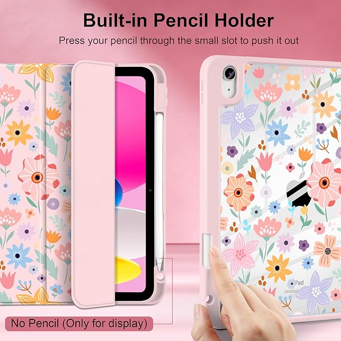 Case for iPad Air 13 inch 2026 M4 2025 M3 2024 M2 Release Slim Lightweight Cute Patterns Trifold Cover with Clear Back Shell Magnetic Wake Sleep Design for Girls Women,Pink Flowers
