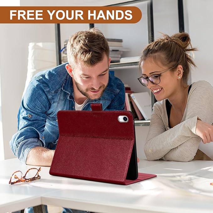 Genuine Leather Case for iPad Air 11" M4 2026/M3 2025/M2 2024, 5th/4th Gen 10.9" | with Pencil Holder and Adjustable Stand, Magnetic Closure, Auto Wake/Sleep Cover | Wine Red