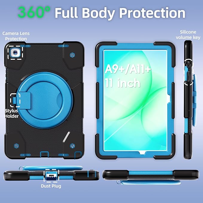 Andnary Case for Samsung Galaxy Tab A9+/A9 Plus Case 11 Inch with Screen Protector/360° Rotating Stand/Pen Holder/Shoulder Strap, Shockproof Cover for Tablet A9+ 5g (Black+Blue)