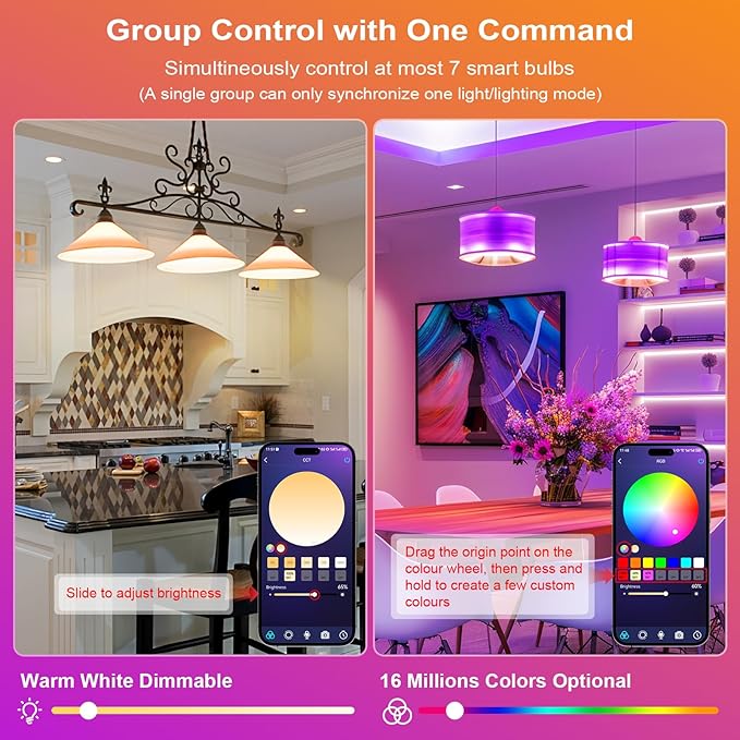 FRIDEKO HOME LED Smart Light Bulbs - Wi-Fi & Bluetooth Light Bulbs, Color Changing Light Bulb Compatible with Alexa and Google Assistant, A19 E26 RGBTW Light Bulb, 800LM (Bluetooth-4Pac)