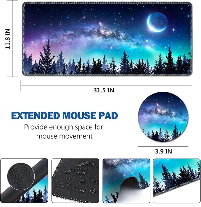 AIMSA Large Gaming Mouse Pad Extended Mouse Pad with Stitched Edge, Keyboard Mouse Mat Non-Slip Rubber Base Desk Pad 31.5x11.8 inch for Office Home Game Work, Forest Moon Sky