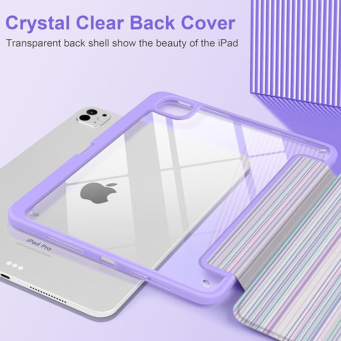 TWOLSKOO Case for iPad Pro 11-inch (M5 2025 / M4 2024), Clear Acrylic Back with TPU Bumper, Pencil Holder, Trifold Stand, Auto Sleep/Wake, Purple Stripes