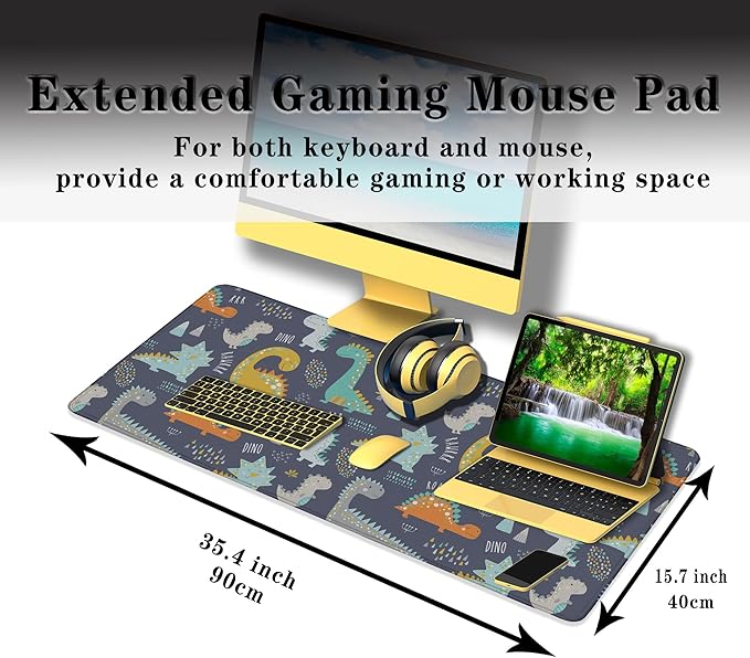 Computer Desk Mat Yellow, Gaming Mouse Pads Desk Mouse Pad, Desktop Computer Mat Non-Slip Rubber Base Waterproof with Stitched Edges, 35.4 X 15.7 inch for Work/Game/Office/Home Dinosaur