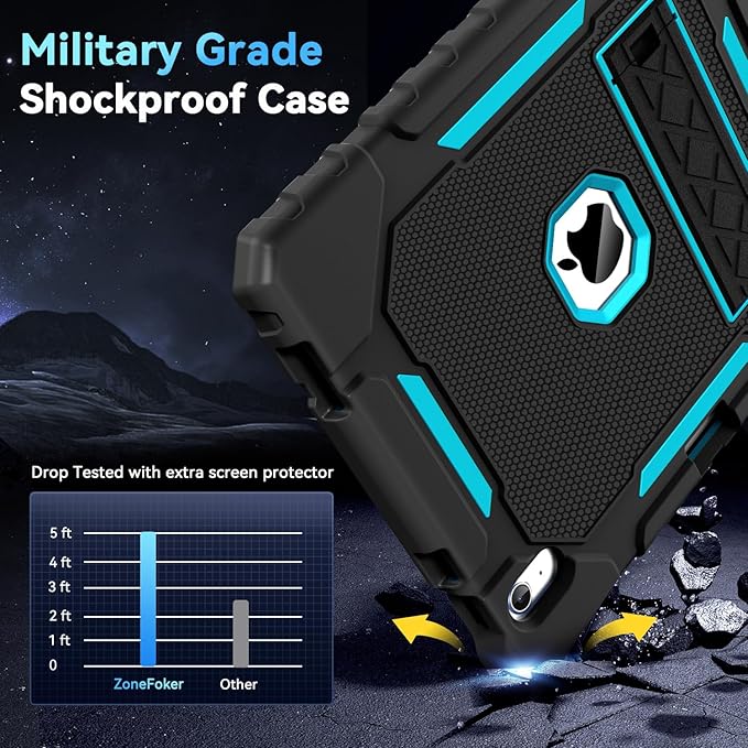 Grifobes for iPad A16 Case 11th Generation 11 inch 2025 / iPad 10th Generation Case 10.9 inch 2022, Heavy Duty Military Grade Shockproof Cover with Pencil Holder for i Pad 11/10 (Black+SkyBlue)