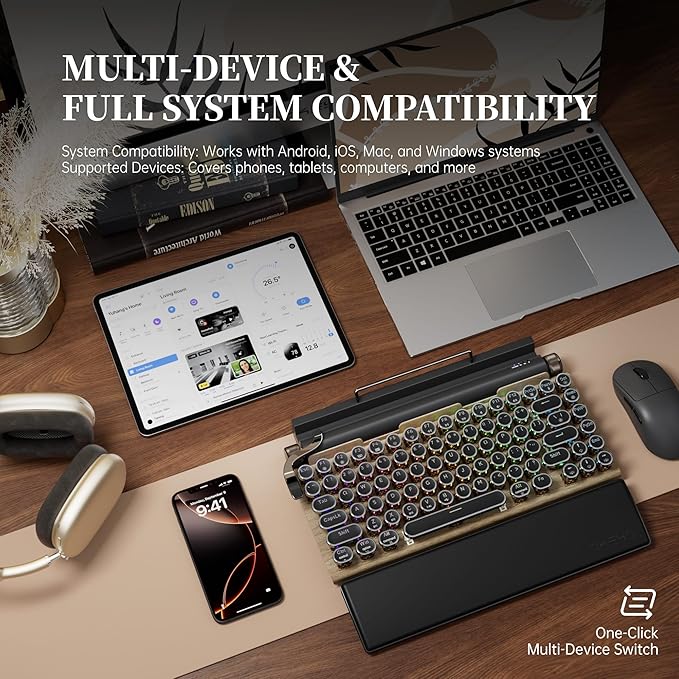 7KEYS Typewriter Keyboard Wireless Retro Style, Vintage Classical Mechanical Keyboard with Bluetooth for IPAD PC/Laptop Mac/Phone (Wood+Wrist)