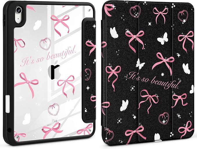 Case for iPad Air 11 inch M4 2026 M3 2025 M2 2024,iPad Air 5th (2022) / 4th (2020) 10.9 Inch Clear Back Shell Lightweight Shockproof Trifold Stand Auto Wake Sleep Cute Cover, Pink Bow