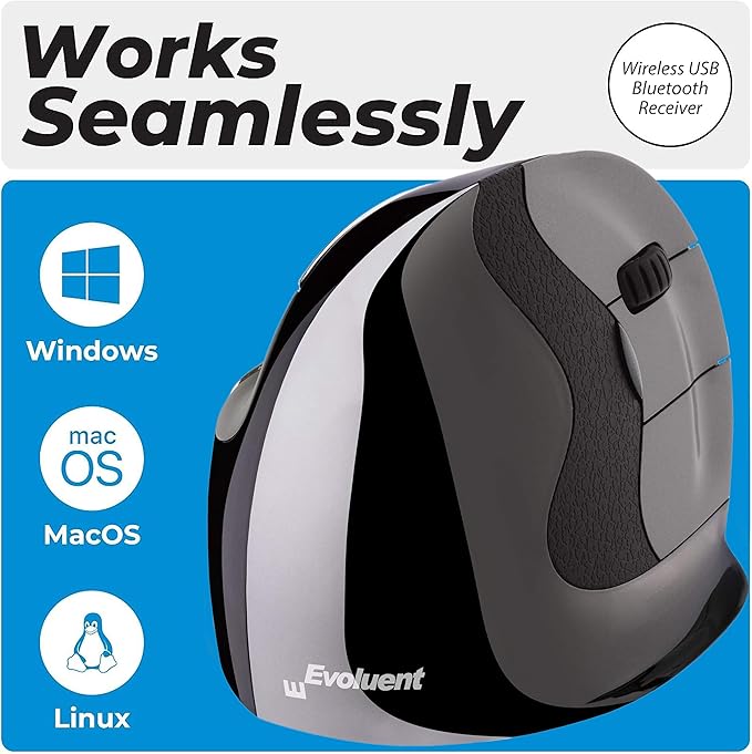 Evoluent – Inventor of The Vertical Mouse – VMDLW Ergonomic Vertical Mouse Right Hand Large USB Wireless, Sculpted for Comfort, Reduces Wrist Strain, 4 Speeds, 6 Customizable Buttons in Windows