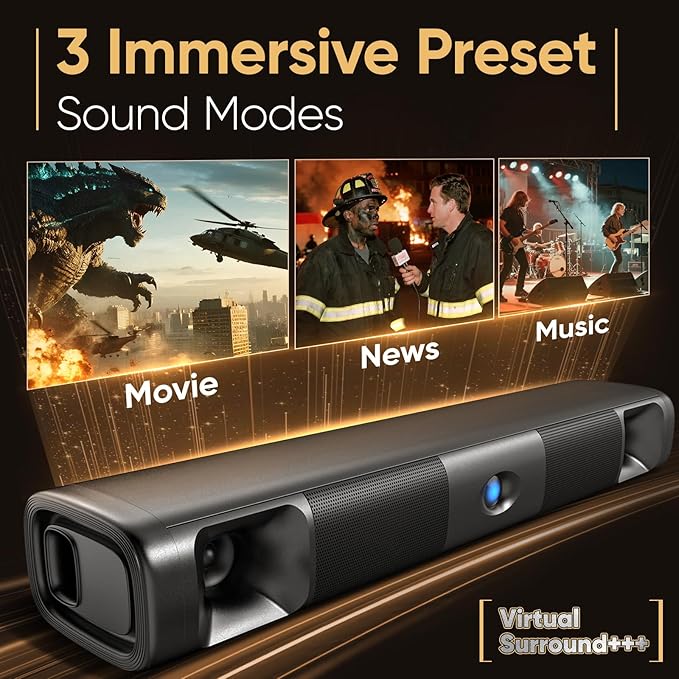Saiyin Sound Bar for Smart TV, 60W Bluetooth 5.3 Soundbar with Dual Bass Drivers&Clear Voice, Virtual Surround Sound System with TV-ARC/Optical/AUX for TV/PC/Gaming/Projectors, 17 inch, Wall Mountable