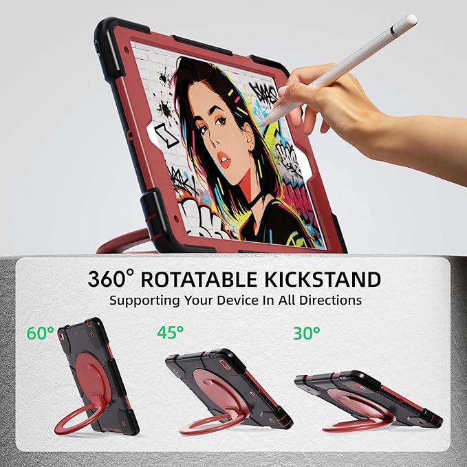 Andnary Case for iPad 9th/8th/7th Generation 10.2 inch, Shockproof Cover with Screen Protector/360° Rotate Stand/Pencil Holder/Shoulder Strap, Kids Case for iPad 2021/2020/2019 (Black+Red)
