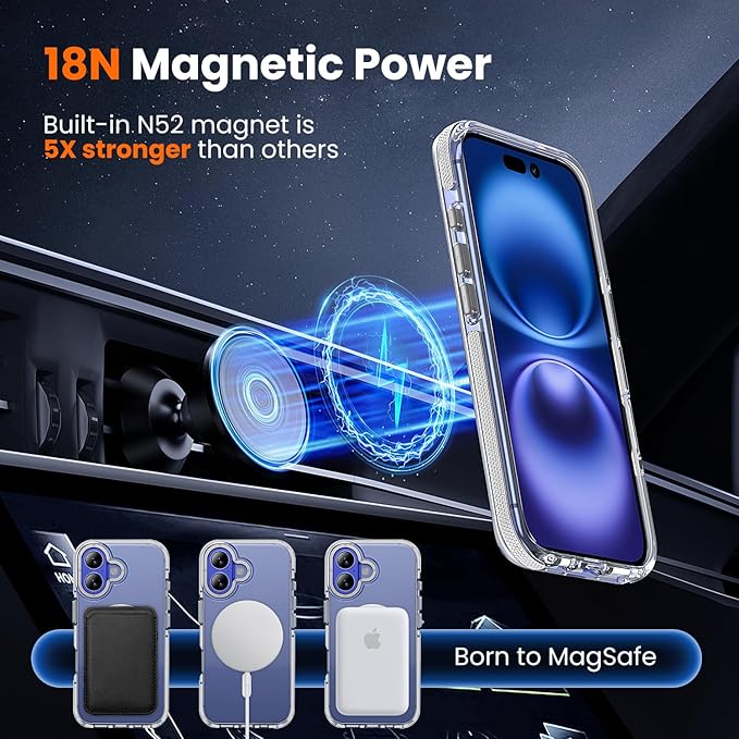 toushion 3 in 1 for iPhone 16 Case Clear with MagSafe, Yellowing-Resistant Acrylic Back, Shockproof Guard Corners, Military-Grade Protection for iPhone 16 Phone Case 6.1 inch Clear Bumper