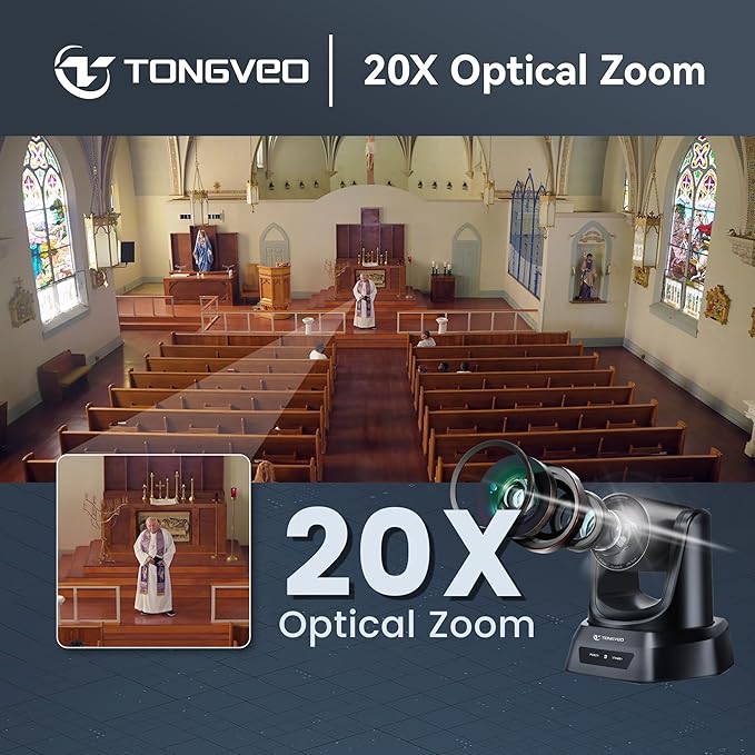TONGVEO Conference Room PTZ Camera System with 20X Optical Zoom, AI Auto Tracking 1080P 60fps HDMI USB Webcam for Church Streaming Online Video Conference,Compatible with Zoom, OBS Easy Setup