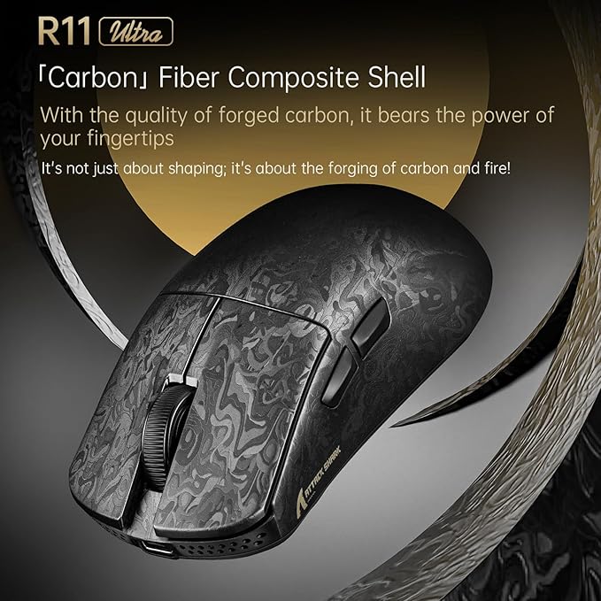 ATTACK SHARK R11 Ultra 8K Carbon Fiber Wireless Gaming Mouse with 42000DPI-PAW3950 MAX Sensor-49g Lightweight,Nordic 52840 MCU Chip,Wired/BT/2.4Ghz Programmable,RGB Coiled Cable for PC(Black Ink+Tape)