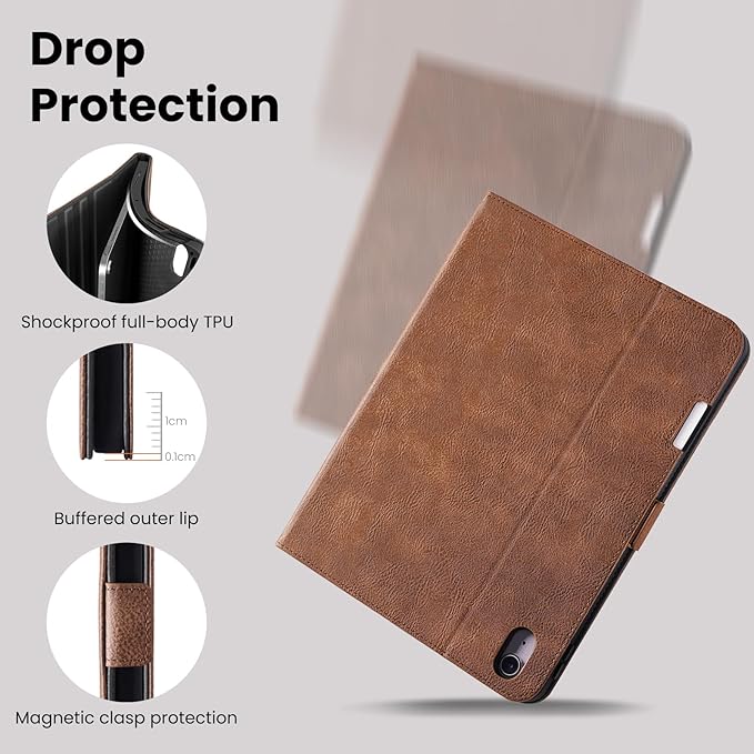 Case for iPad Air 11 Inch M4/M3/M2 (2026/2025/2024),iPad Air 5th/4th Generation 10.9'' Folio Cover with Pencil Holder Pocket,Magnetic Closure,Multi Angles Stand,Auto Sleep/Wake,Dark Brown