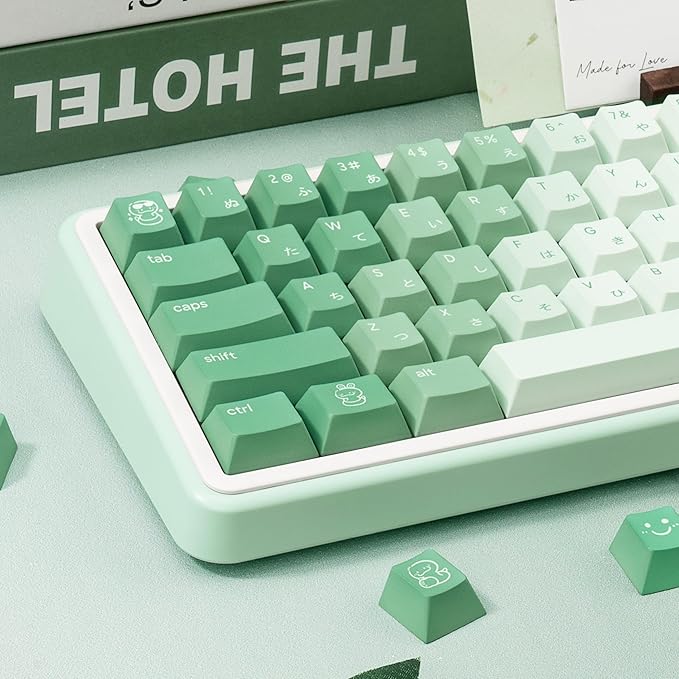 134 Keys Gradient Green PBT Keycaps - 5-Side Dye-Sublimation Cute Snake Elements, Japanese Root Characters, Cherry Profile Keycaps Set for Mechanical Keyboard (60/65/75/80/100 Layouts)