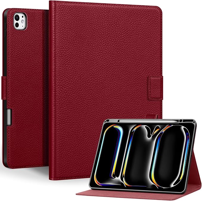 Genuine Leather Case for iPad Pro 13 inch (M5/M4) 2025/2024 with Pencil Holder | Slim Protective Cover with Adjustable Stand,Magnetic Closure,Auto Wake/Sleep, Premium Leather | Wine Red