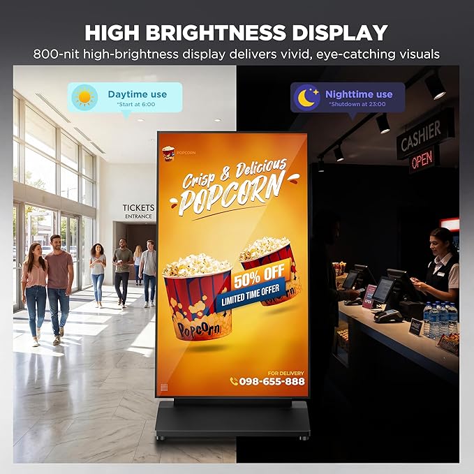 43 Inch Digital Signage Display, 4K 800 Nits UHD Full Screen LCD Advertising Kiosk, Portable Floor Standing Auto AD Player Android14 App-Based Control with USB/HDMI/WiFi