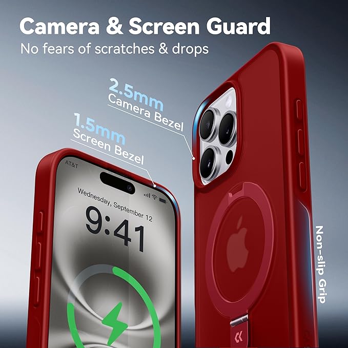 CASEKOO Ultra-Magnetic Stand for iPhone 16 Pro Max Case [Military Drop Protection] [Compatible with MagSafe] Shockproof Translucent Matte Slim Ring Holder Case for iPhone 16 ProMax 6.9", Red