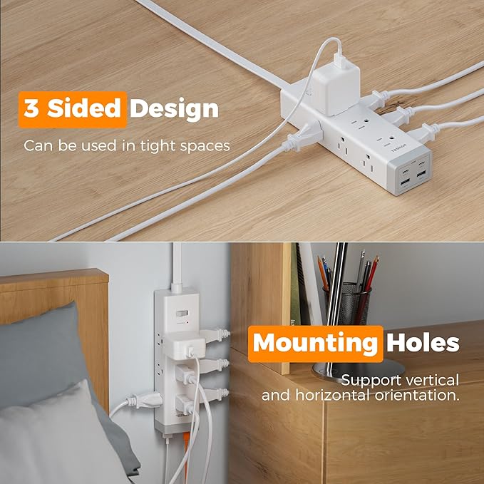 TESSAN Surge Protector Power Strip PD 20W, Ultra Thin Flat Plug 6 FT Extension Cord, 9 Outlets 4 USB(2 USB C), 1050J, 1875W 15A, Multiple Outlets Charging Station for Home, Office, College Dorm Room