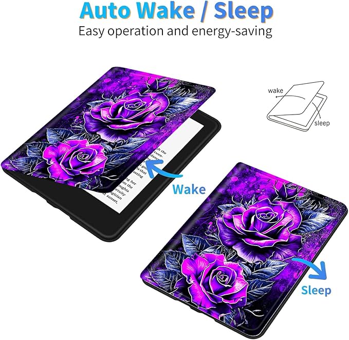 for 7" Kindle Paperwhite 12th Generation 2024/2025 & Kindle Colorsoft Signature Edition Tablet Case, Slim Kickstand Stand Leather Smart Cover with Auto Wake/Sleep, Purple Rose Wall