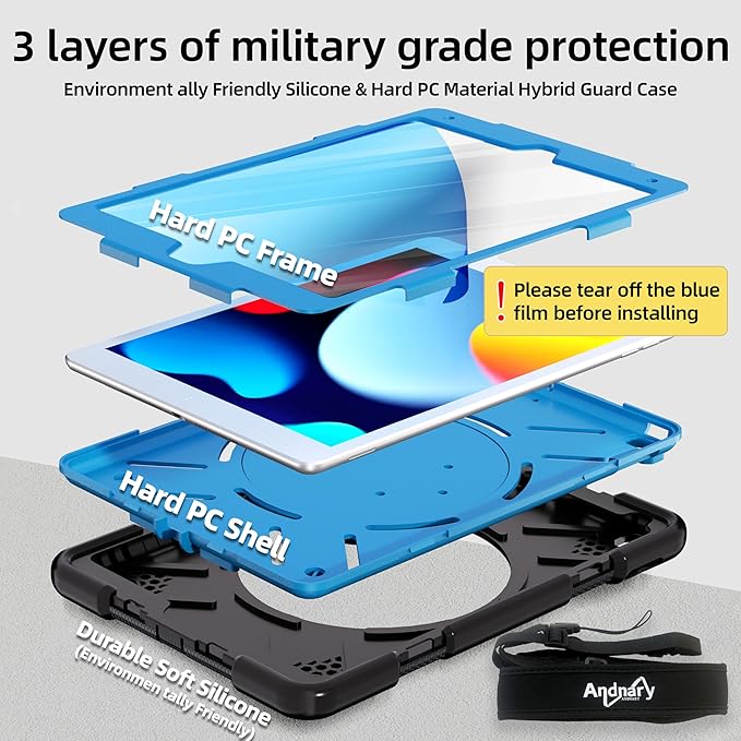 Andnary Case for iPad 9th/8th/7th Generation 10.2 inch, Shockproof Cover with Screen Protector/360° Rotate Stand/Pencil Holder/Shoulder Strap, Kids Case for iPad 2021/2020/2019 (Black+Blue)