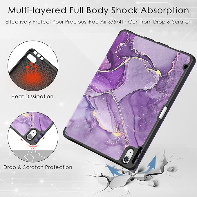 Soke Case for New iPad Air 11 Inch (M4/M3/M2, 2026-2024), iPad Air 5th/4th Generation 10.9 Inch (2020-2022) with Pencil Holder, Soft TPU Back Cover & Auto Sleep/Wake, Purple Marble