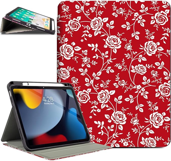 for iPad (A16) 11Th/10Th Generation Case 2025/2022, for iPad A16 Case 11Th/10Th Generation 11-inch/10.9-inch, Slim Cover Pencil Holder & 4 Viewing Angles & Typing Stand, Rose Art