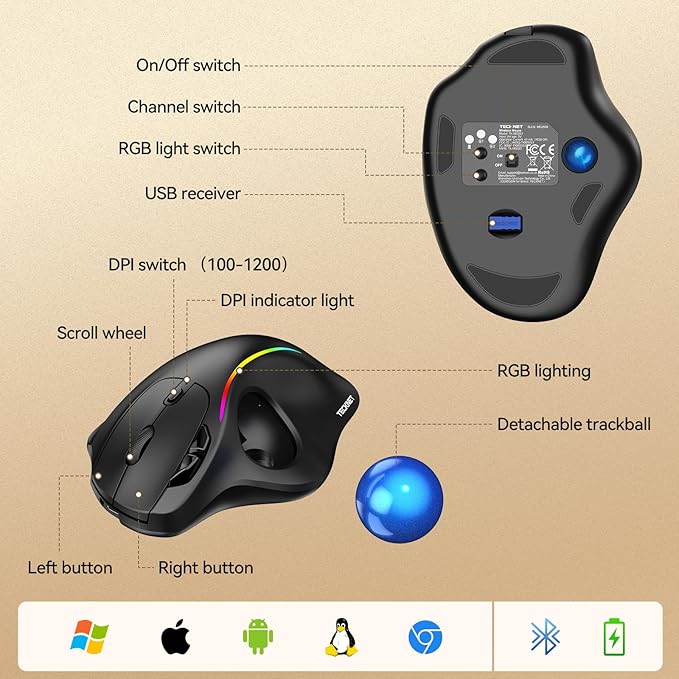 TECKNET Pro Wireless Trackball Mouse, Bluetooth Mouse with Ergonomic Thumb Control, USB-C Rechargeable, RGB Light Mice with Adjustable DPI, 3-Device Connectivity (BT or 2.4G),for PC/Mac/Laptop - Black