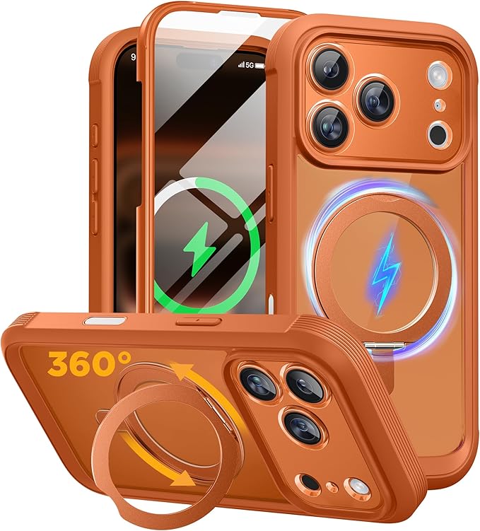 Miracase for iPhone 17 Pro Max Case with 360° Magnetic Ring Stand [Compatible with Magsafe] Full-Body Drop Proof Bumper Phone Case with Built-in 10H Tempered Glass Screen Protector,Orange