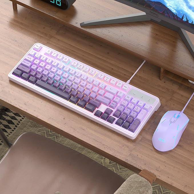 MageGee Gradient Purple Creamy Keyboard and Mouse Combo,MageGee GK980 Wired RGB Backlit Keyboard and Gradient Purple Gaming Mouse Combo,PC Keyboard and Adjustable Sensitivity Mouse for PC/loptop/MAC