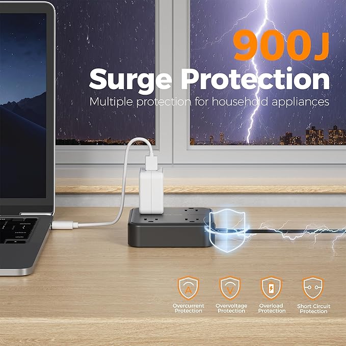 TESSAN Surge Protector Flat Extension Cord 15Ft, Flat Plug Power Strip with 4 Outlets 3 USB Ports (1 USB C), 900 Joules Protection, Multiple Wall Outlet Extender Suitable for Home Office Dorm, Black
