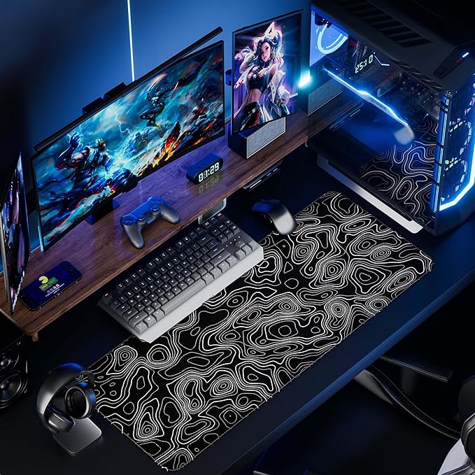 Desk Mat,Large Gaming Mouse Pad 35''×15.6'' XXL Extended Mouse Pad Mat Desk Pad with Non-Slip Base Mousepad for Computer,Office,Keyboard and Laptop - Topographic Black and White