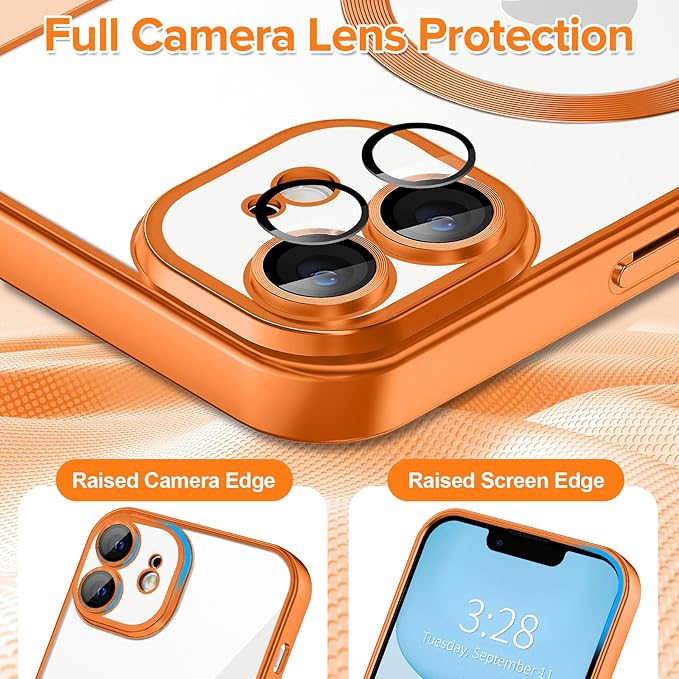 Hython Magnetic Clear for iPhone 11 Case with Camera Lens Protector [Compatible with MagSafe] Luxury Plating Edge Slim Soft TPU Cover Protective Phone Case for iPhone 11 6.1", Matte Orange
