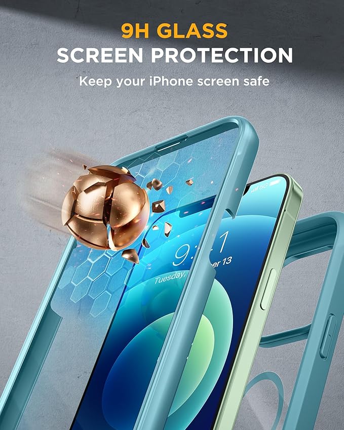Miracase Glass Series Designed for iPhone 12/12 Pro 6.1 Inch, Upgrade Full-Body Magnetic Case with Built-in 9H Tempered Glass Screen Protector, with Camera Lens Protector, Magnetic Green
