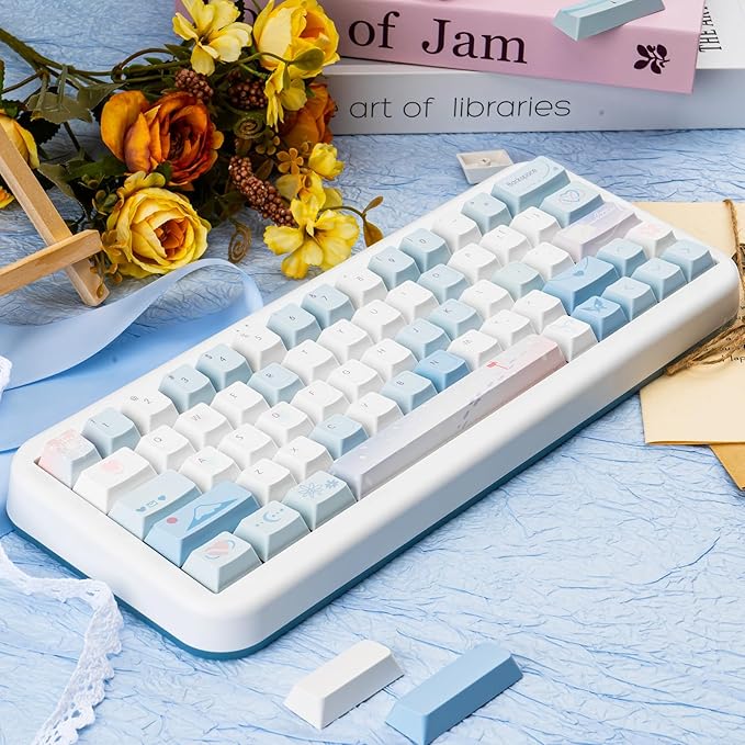 PBT Keycaps-White Blue Key caps 60 65 75 Percent, Cute Keycaps Custom 118 Keys, Cherry Profile for 61/68/84/87 Cherry Gateron MX Mechanical Keyboard